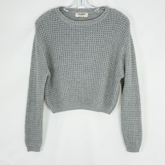 Pull and Bear Womens Small Gray Knit Ribbed Oversized Cropped Pullover Sweater - Picture 1 of 10